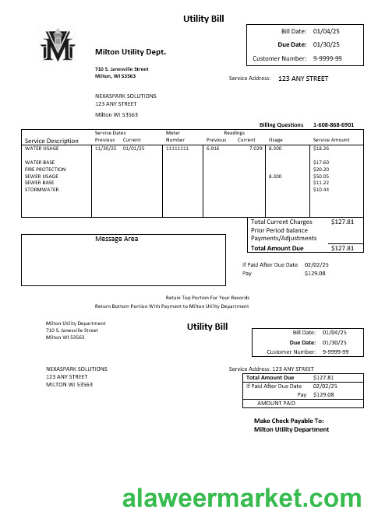 USA Massachusetts Milton Utility Dept water business utility bill template in Word and PDF formats